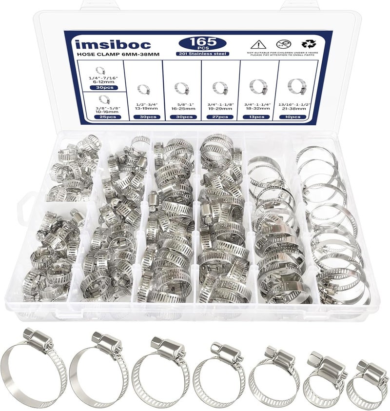imsiboc 201 Stainless Steel Hose Clamp Assortment Kit, 165PCS of 7 Adjustable Size 1/4''- 1-1/2'' (6-38mm) Worm Gear Metal Fuel Line Clamp for Plumbing, Automotive And Mechanical Applications - Image 1